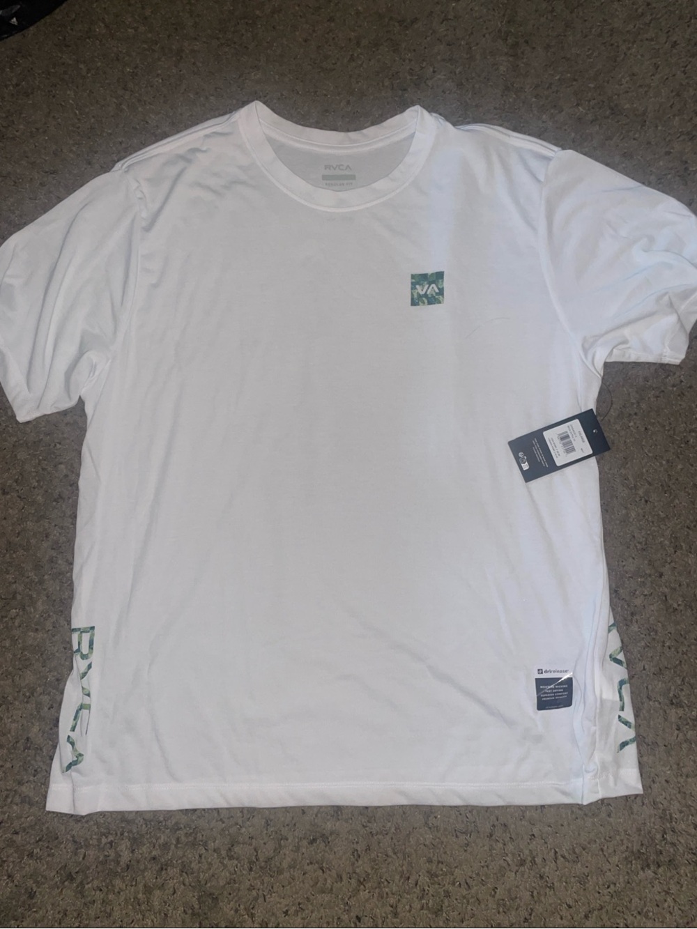 RVCA White DRYFIT Short Sleeve Tee with Camo Green Accent Logos